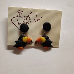 Cheetah Black and Orange Toucan Bird Earrings
